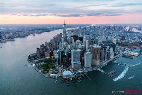 - Aerial view of lower Manhattan at sunset, New York, USA | Royalty Free Image