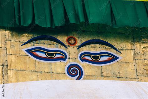 Buddha eyes (Wisdom eyes) on Nepali buddhism temple. Swayambhunath ...