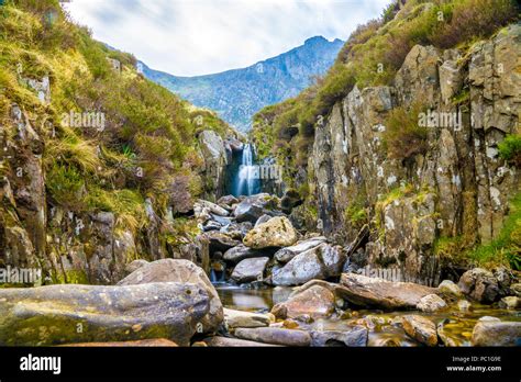 Waterfall near Llyn Idwal a small lake that lies within Cwm Idwal in ...