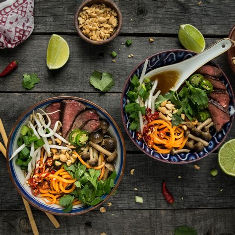 beef pho with beech mushrooms and sweet potato noodles