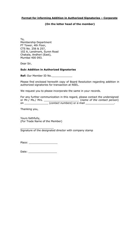 Format for informing Addition in Authorized Signatories â Corporate ...