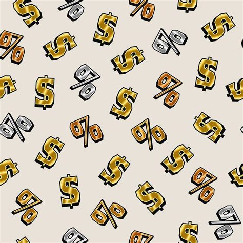 Seamless pattern with gold, silver, bronze US dollar and percent symbols on white background ...