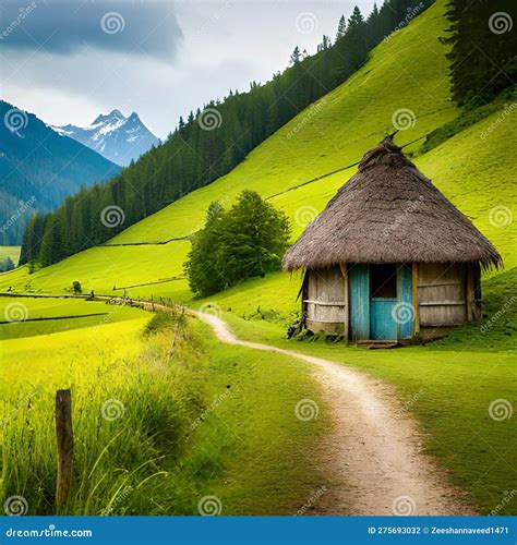 Hut with Landscape Nature View. Stock Illustration - Illustration of ...