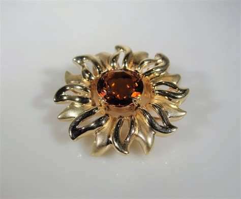 Garnet Pendant, 14K Yellow Gold Spessartite Orange Garnet Sunflower Pendant, Mixture of Matte ...