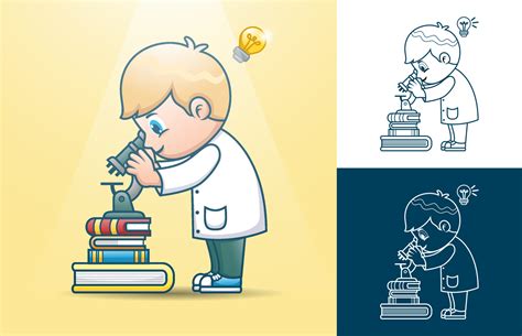 Little scientist cartoon looking through a microscope on books stack 24084947 Vector Art at Vecteezy