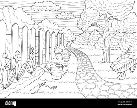 Garden coloring graphic black white landscape sketch illustration ...