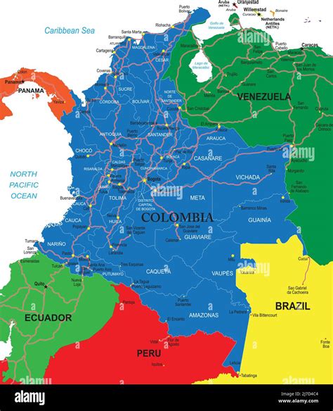 Colombia highly detailed vector map with administrative regions, main cities and roads Stock ...