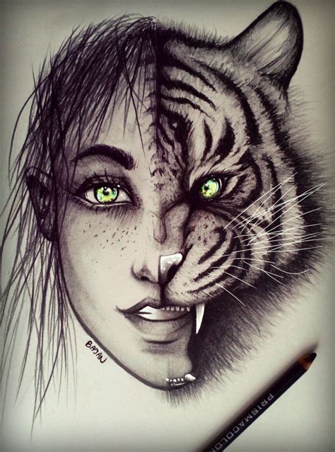 28+ Collection of Half Tiger Half Human Face Drawing | High ... | Human ...