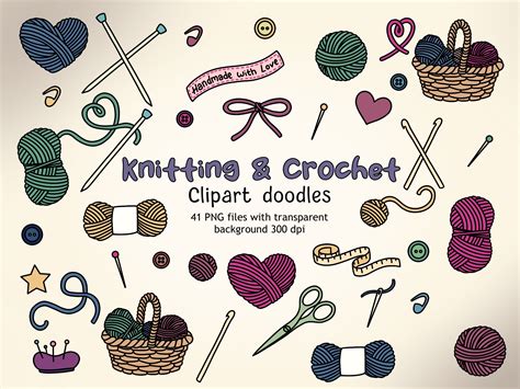 Knitting and Crochet Doodle Clipart Yarn PNG Knitting - Etsy