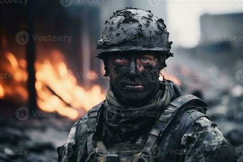 Portrait of wounded soldier with his face in the mud, against city on ...