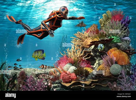 Underwater view of one female scuba diver viewing large multi colored coral reef and of the ...