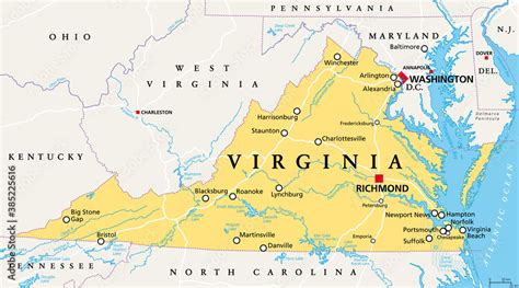 Virginia, VA, political map. Commonwealth of Virginia. State in Southeastern and Mid-Atlantic ...