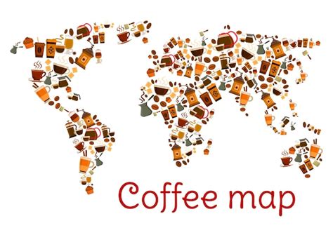 Premium Vector | Coffee world map poster with cup and dessert