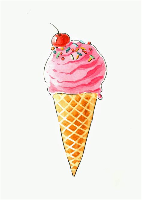 Strawberry Ice Cream Cone Watercolor Art Print