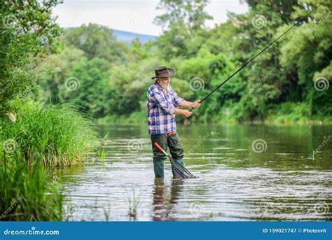 Get Hooked. Fisherman with Fishing Rod. Summer Weekend. Big Game Fishing. Retired Bearded Fisher ...