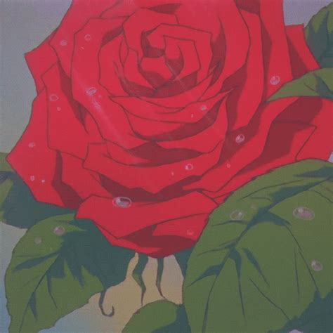 a drawing of a red rose with green leaves