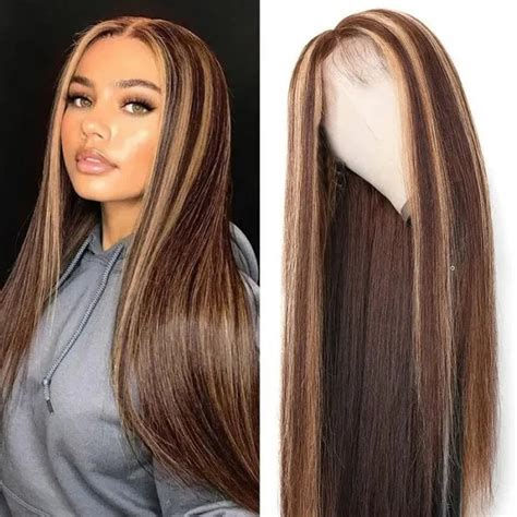 Hair Wigs for Women Long Straight Brown Mixed Blonde Synthetic Wigs for Women Middle Part ...