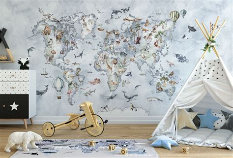 WORLD MAP Wallpaper / Watercolor Art / Soft Color Wallpaper / Forest Wall Mural / Watercolor ...