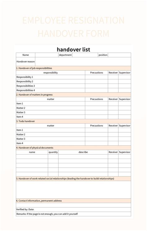 Work Handover Resignation Handover Checklist Form Excel Template And Google Sheets File For Free ...