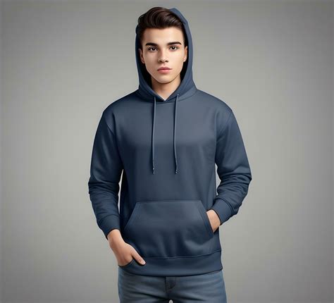 Young man wearing blank navy blue hoodie mockup print presentation ...