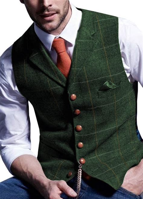 Mens Suit Vest Notched Plaid Wool Herringbone Tweed Waistcoat Casual Formal Business Groomman ...