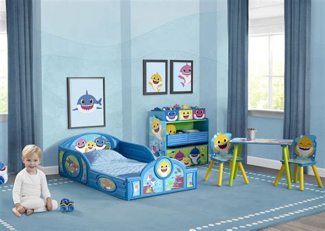 Baby Shark Plastic Sleep and Play Plastic Toddler Bed with Attached Guardrails by Delta Children ...