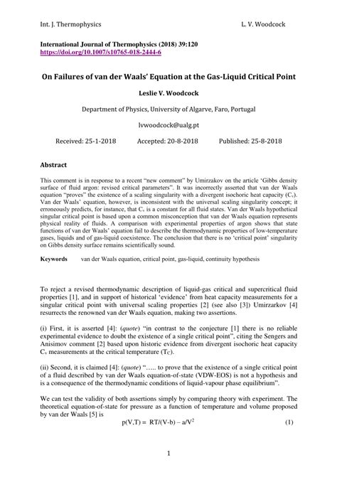 (PDF) On Failures of van der Waals’ Equation at the Gas–Liquid Critical ...