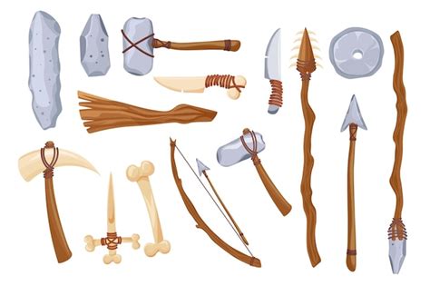 Premium Vector | Set Primal Stone Age Tools and Weapon Isolated on White Background. Primitive ...