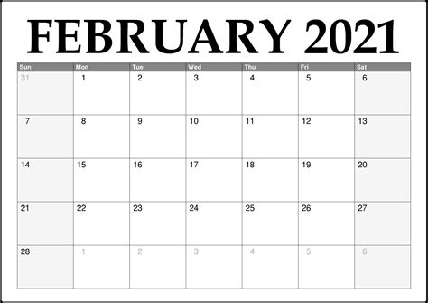 February Calendar 2021 Free Printable Template PDF Word Excel