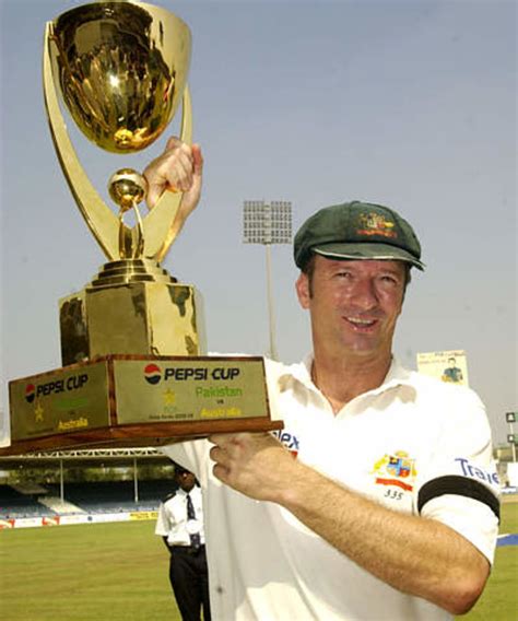 Australian captain Steve Waugh with cricket trophy at Sharjah ...