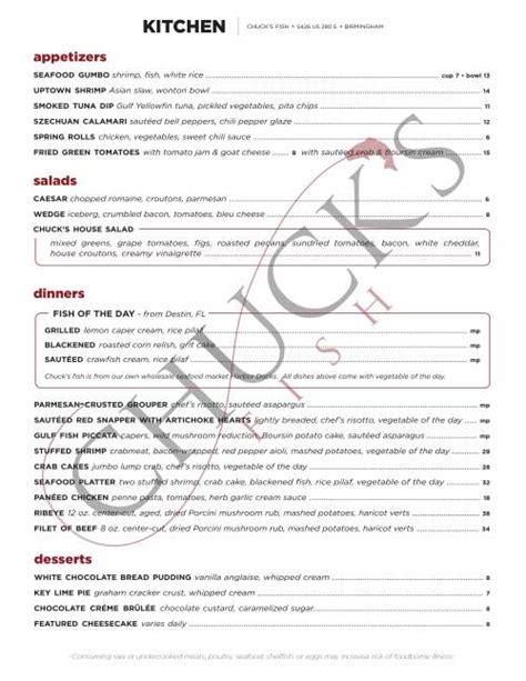 Chuck's Fish menu in Tuscaloosa, Alabama, USA