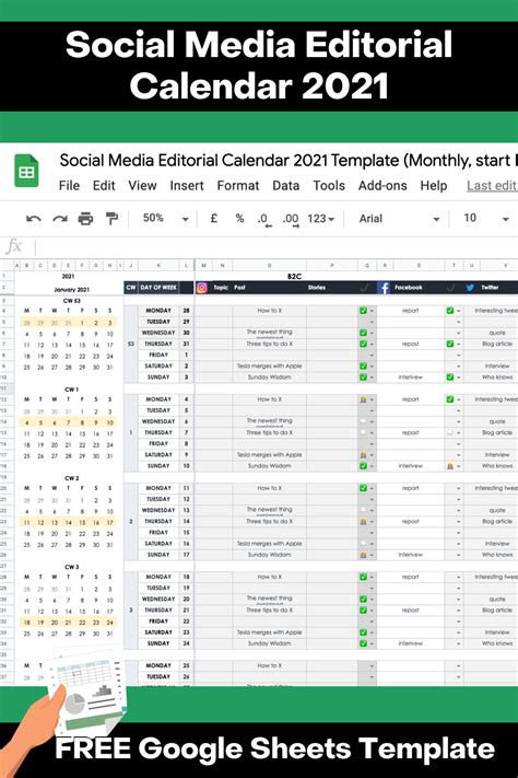 Google Sheets Social Media Editorial Calendar 2021