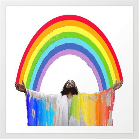 a man standing in front of a rainbow art print