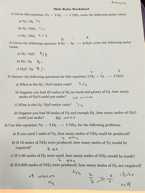 Mole/Mole Ratio Problems Worksheet - Printable Word Searches