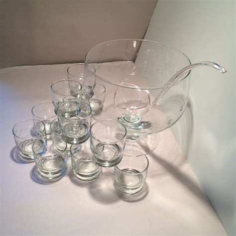 Vintage Etched Crystal Punch Bowl & Ladle With Glasses- Set of 14 | Chairish