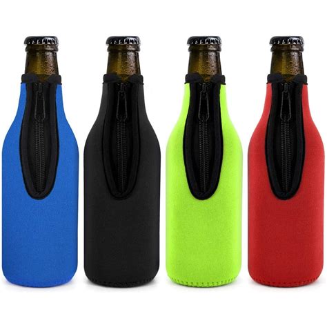 Beer Bottle Insulator Sleeve Pack of 4. Different Color. Zip-up Bottle Jackets. Keeps Beer Cold ...