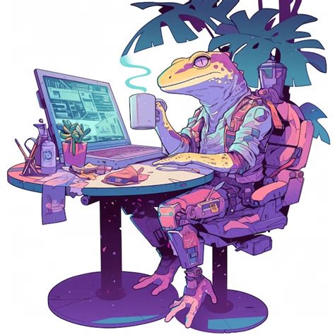 Premium Photo | A cartoon frog sitting at a table with a laptop and a ...