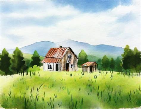 Watercolor of Old Farm House Home House Design Stock Illustration ...