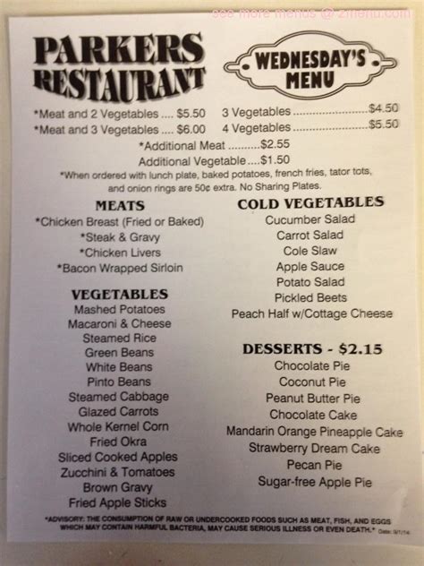 Menu at Parker's Restaurant, Dalton