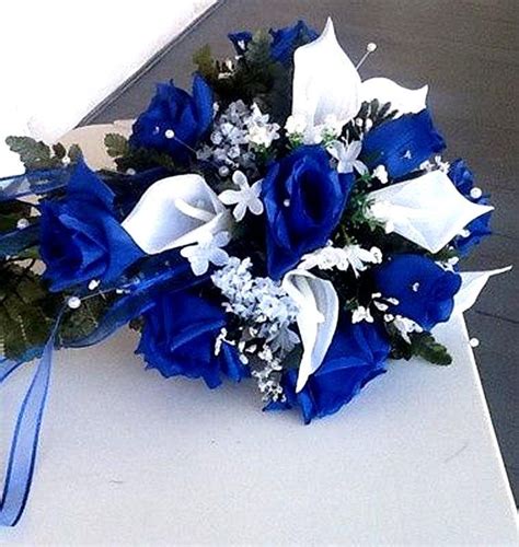 12 Bushes 84 pcs Royal Blue Artificial Silk Rose Flowers With Green ...