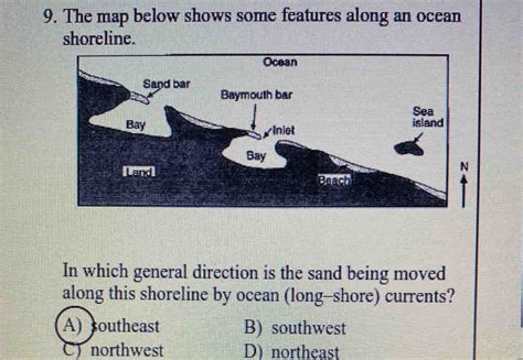 The map below shows some features along an ocean shoreline. Ocean Sand bar Baymouth bar Se [Others]