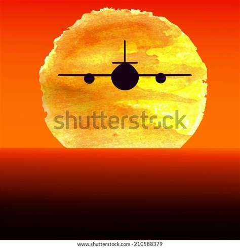 Silhouette Airplane Flying Watercolor Painted Sunset Stock Vector ...