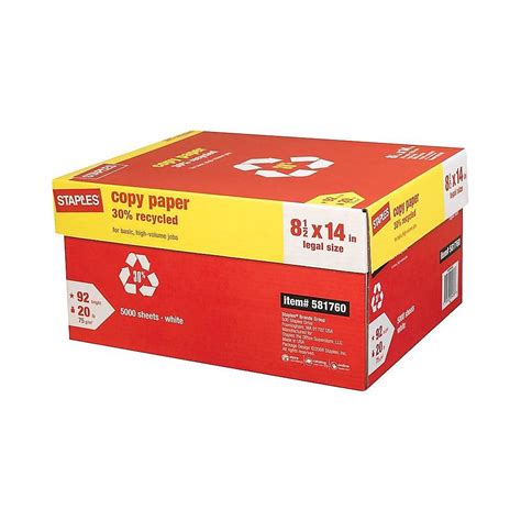 Staples 30% Recycled 8.5" x 14" Copy Paper 20 lb 92 Bright 500/RM 10 RM/CT 112380 - Walmart.com ...