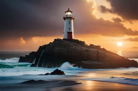 Premium Photo | Lighthouse on the beach at sunset