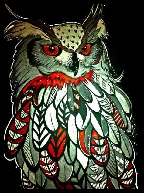 Owl Art: Intricate Drawing of an Owl with Red Eyes