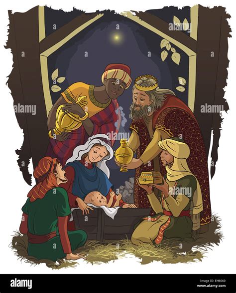 Nativity scene. Jesus, Mary, Joseph and the Three Kings - Three Wise Men in the manger Stock ...