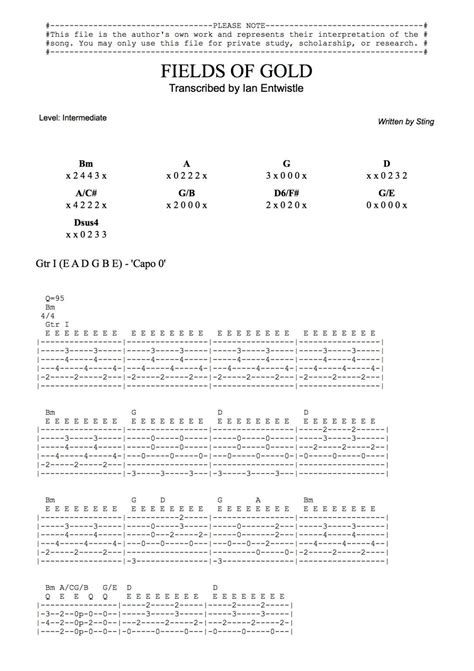 Fields of Gold (Sting) guitar tab - Ian Entwistle