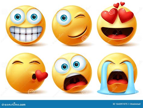 smileys emojis and emoticons face set. smiley icon or emoticon of cute yellow faces in kissing ...