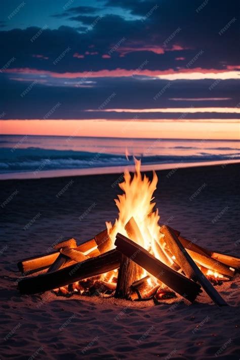 Premium AI Image | a bonfire on the beach at sunset with the ocean in ...