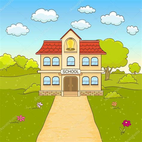 Cartoon drawing of elementary school building facade with road. Stock ...